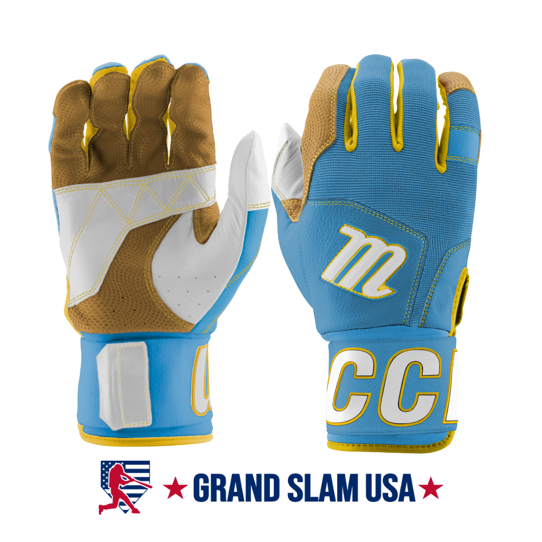 Marucci Adult Blacksmith Full Wrap Batting Gloves-Columbia Blue/Yellow